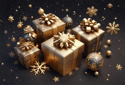 The primary subject of the image is a collection of gold and brown wrapped presents. These presents are placed on a black background, creating a striking contrast. The visual style of the image is a combination of photo and digital art, giving it a unique and eye-catching appearance. The dominant colors in the image are gold and brown, which evoke a warm and festive mood.